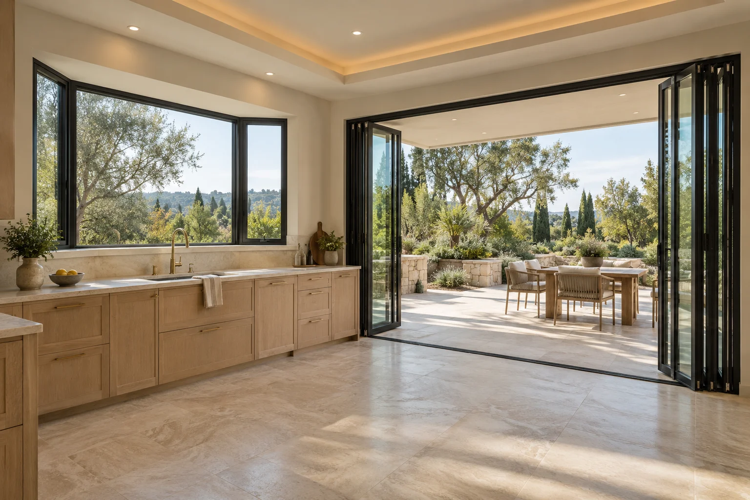 Black-framed kitchen windows and folding patio doors opening onto a terrace