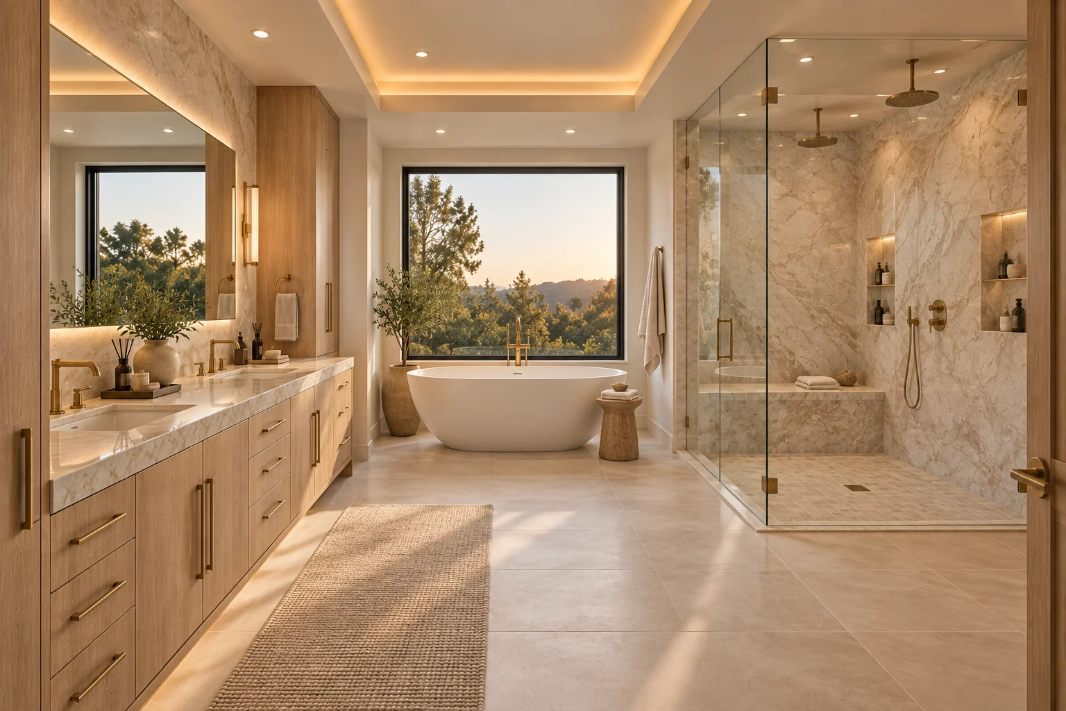 Luxury bathroom concept with oak vanity, freestanding tub and frameless glass shower