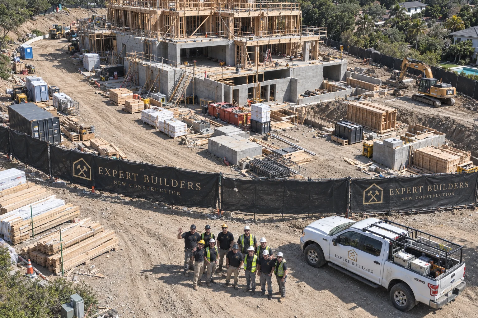 Construction crew at an Expert Builders branded worksite, viewed from above