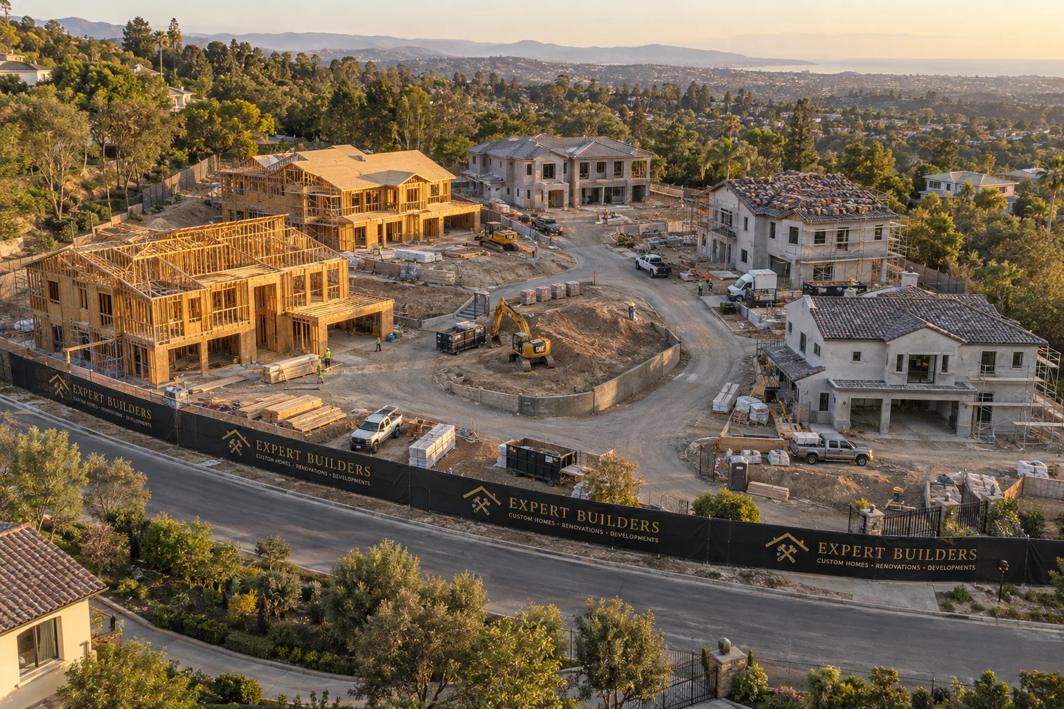 Aerial residential development concept with multiple homes under construction and Expert Builders perimeter fencing