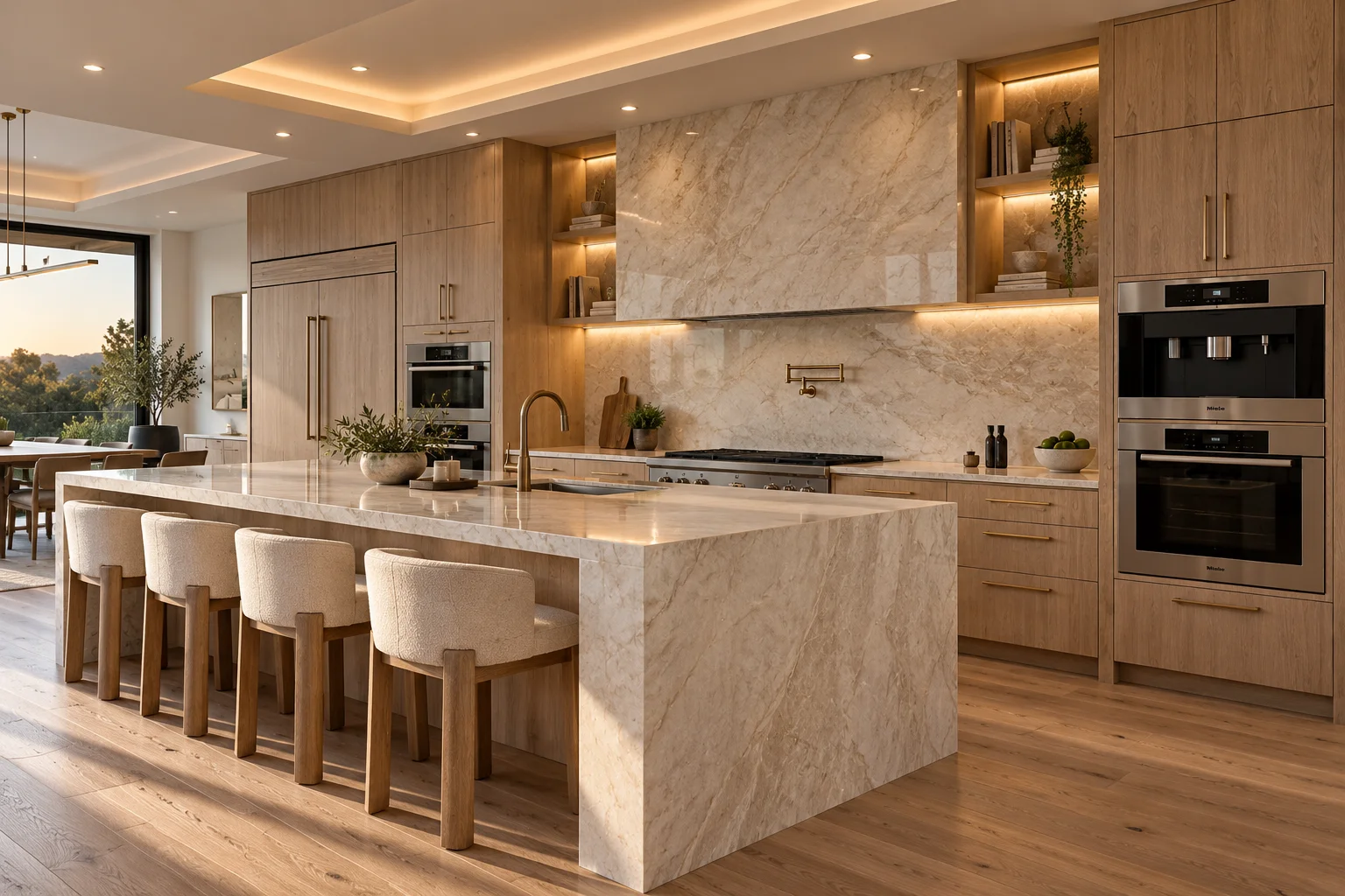 Luxury kitchen concept with oak cabinetry, stone waterfall island and built-in appliances